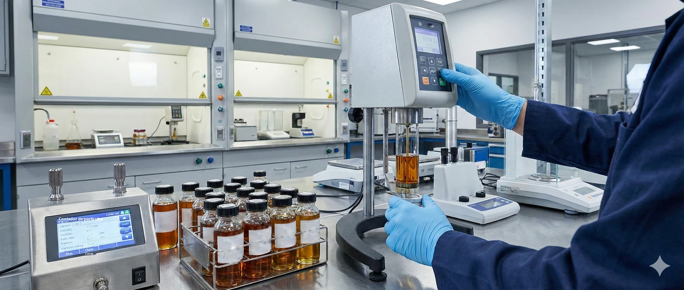 Técnico con guantes azules opera un viscosímetro junto a un contador de partículas y una gradilla de muestras de aceite en un laboratorio de calidad