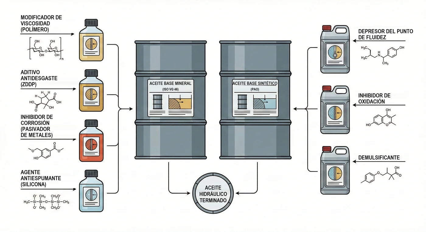 Diagrama de aditivos que se añaden a tambores de aceite base mineral y sintético para obtener el aceite hidráulico terminado
