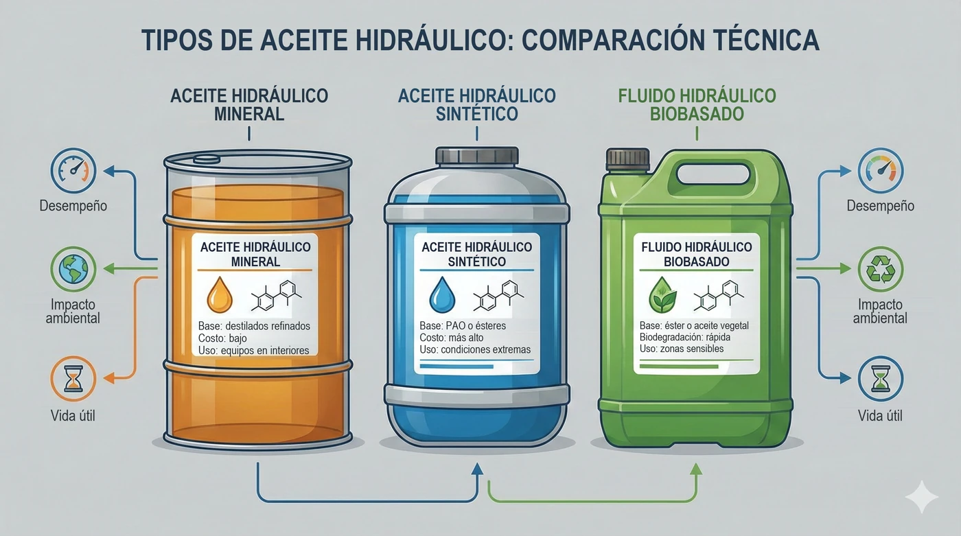 Tres envases de aceite hidráulico mineral, sintético y biobasado comparados en desempeño, impacto ambiental y vida útil