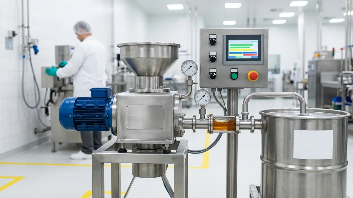 Molino coloidal de acero inoxidable con manómetros digitales y panel de control, conectado por tuberías a un tambor de grasa, en una sala limpia con un técnico al fondo