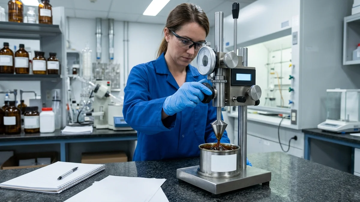 Técnica de laboratorio con gafas y guantes azules baja un cono metálico sobre una muestra de grasa oscura en un penetrómetro de mesa digital