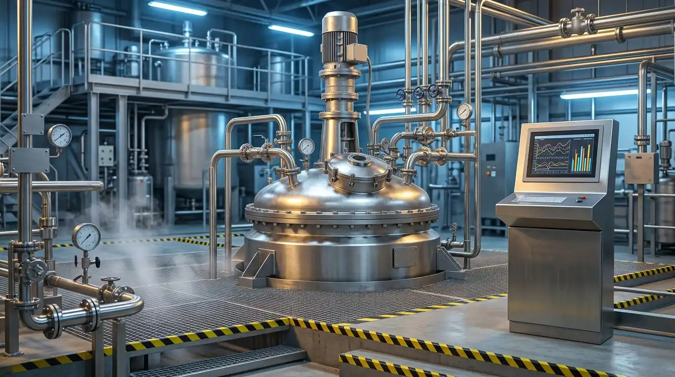Reactor de acero inoxidable en una planta de proceso, con tuberías, válvulas, vapor y una consola con pantalla de control a la derecha