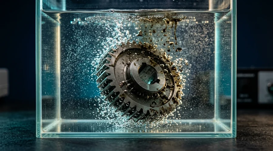 Industrial parts washer chemistry process diagram — machined steel part in warm aqueous cleaner with oil lifting off in a glass beaker | Global Formulation