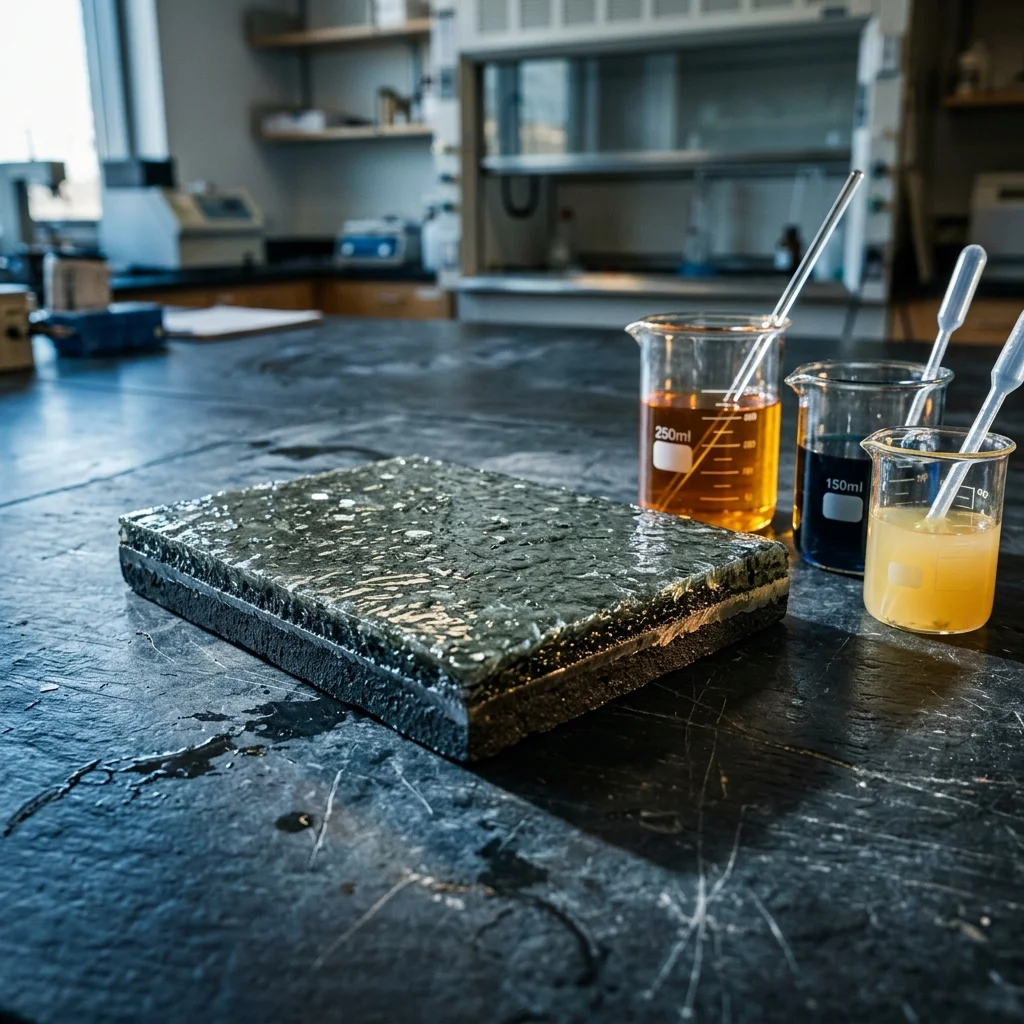 tank lining coating diagram — glass flake epoxy cross section inside laboratory beaker | Global Formulation