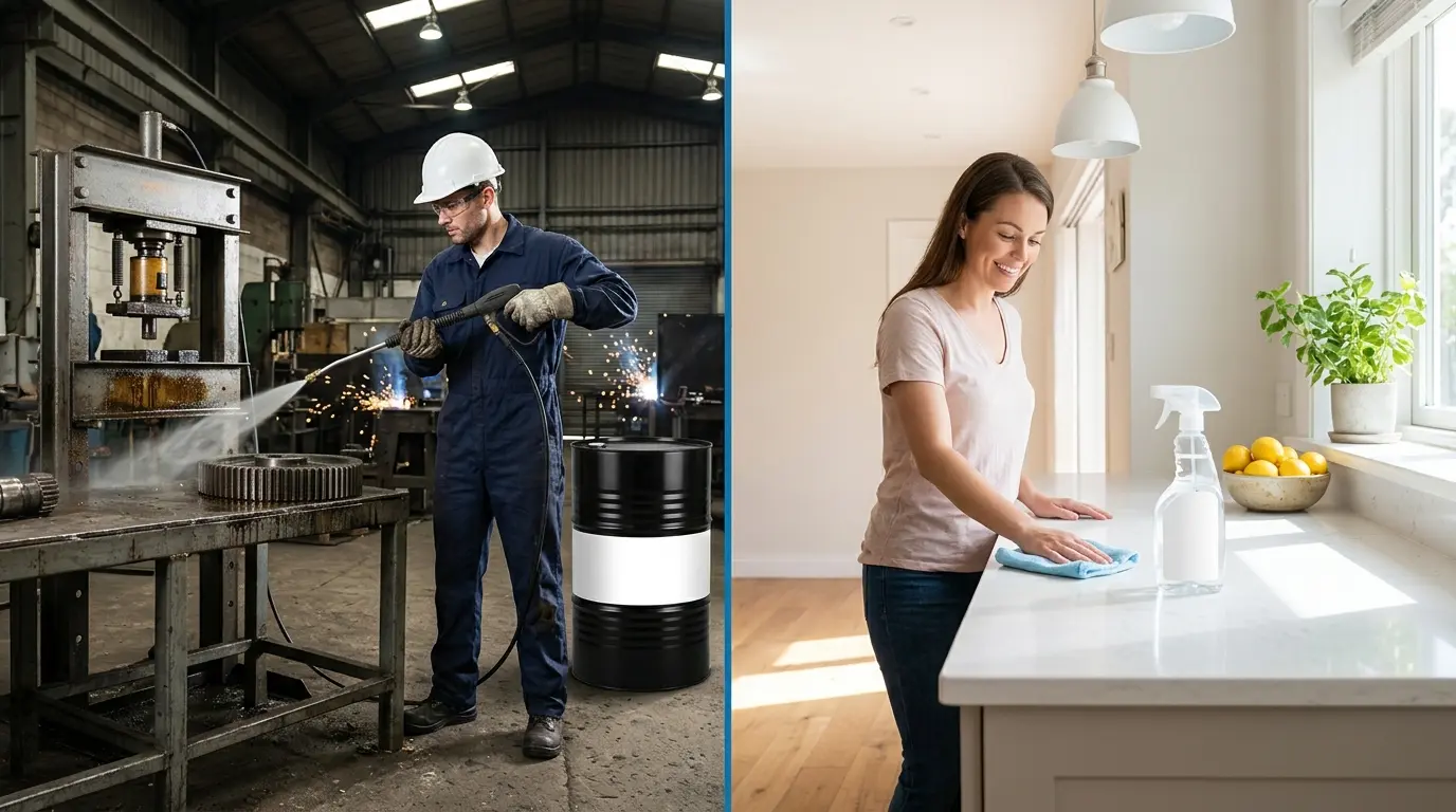 Comparativa visual entre operario limpiando prensa industrial con lanza y mujer limpiando encimera doméstica con spray