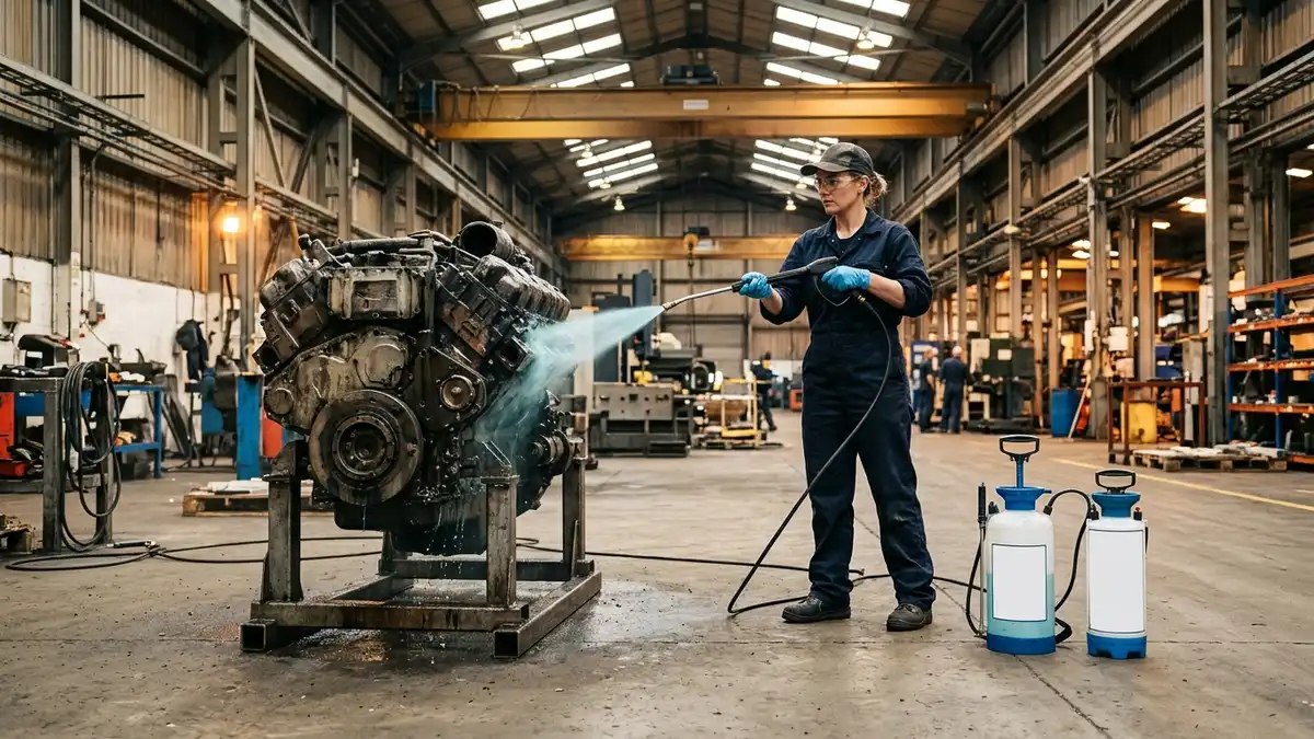 Una operaria con guantes azules rocía un líquido azul sobre un motor industrial cubierto de grasa; a su lado, dos pulverizadores con depósito