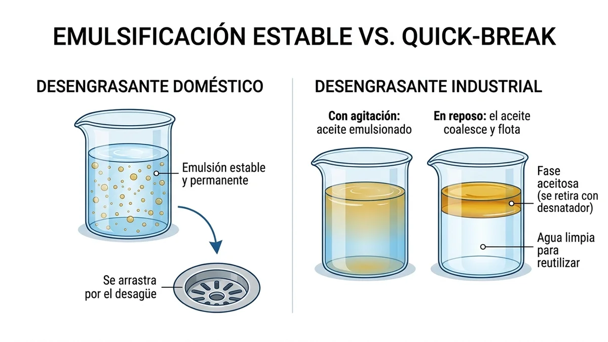 Esquema técnico en español: emulsificación estable en desengrasante doméstico frente a tecnología quick-break en desengrasante industrial