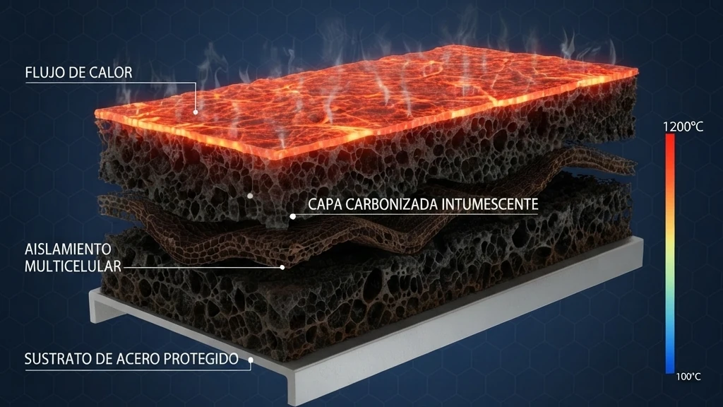 Corte tridimensional de la capa carbonizada: superficie incandescente expuesta al calor, aislamiento multicelular y sustrato de acero protegido, con escala de temperatura
