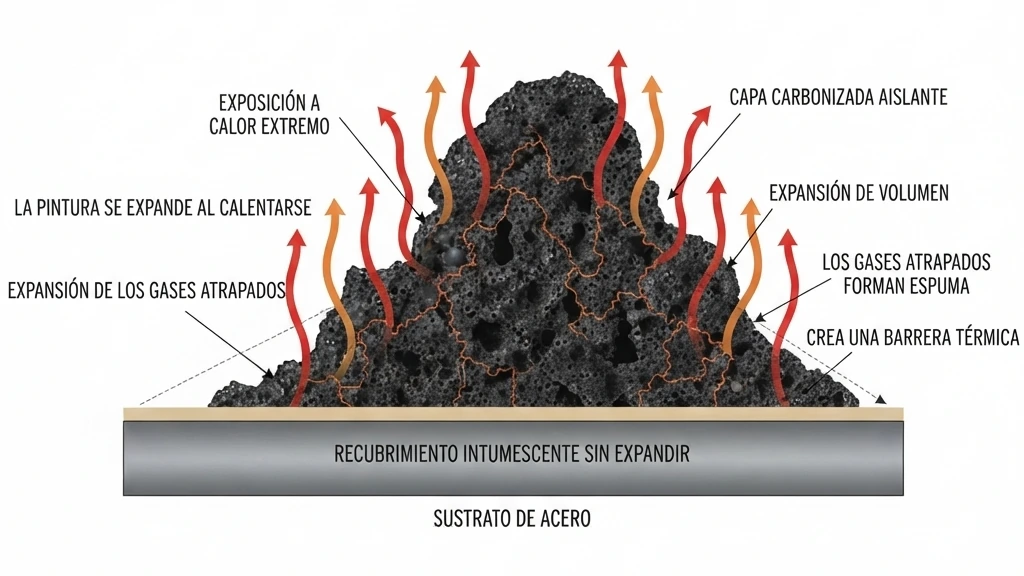 Esquema de una pintura intumescente que se expande con el calor y forma una gruesa capa carbonizada aislante sobre el sustrato de acero