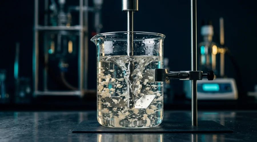 jar test water treatment process diagram — paddle stirrer blades turning in a beaker of flocculating water | Global Formulation