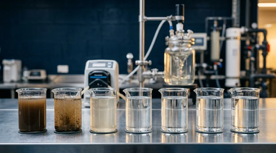 jar test water treatment comparison infographic — graduated beakers showing a clarity gradient from untreated to optimally dosed water | Global Formulation