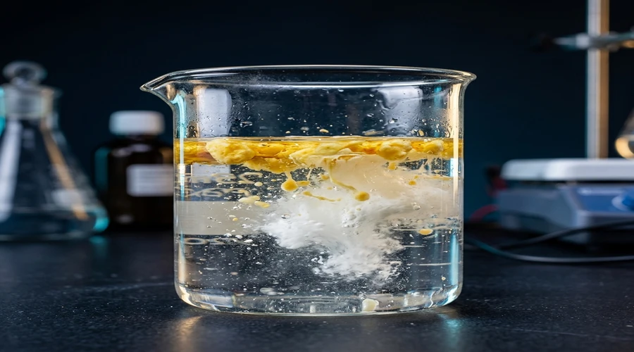 alkaline grease saponification process — grease layer emulsifying in alkaline solution inside a glass beaker | Global Formulation