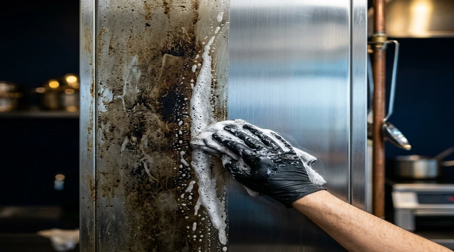 commercial kitchen degreasing comparison — stainless steel surfaces before and after alkaline degreaser cleaning | Global Formulation
