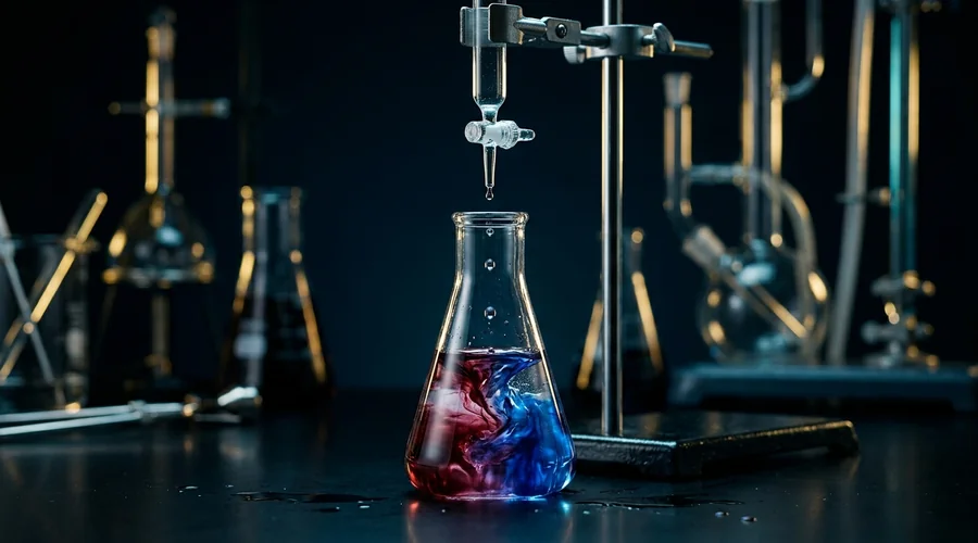 langelier saturation index process diagram — titration burette dosing into a hardness test sample turning colour | Global Formulation
