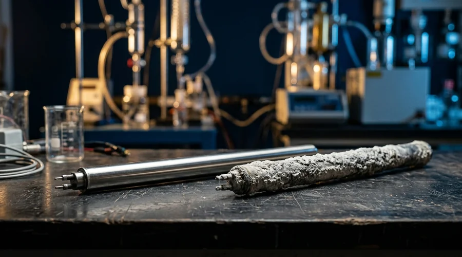 langelier saturation index comparison infographic — scaled glass heating element beside a clean one on a dark surface | Global Formulation