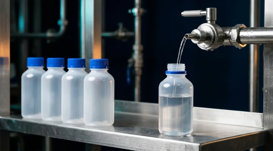 legionella cooling tower process diagram — water sample bottles labelled blank being filled at a sampling point | Global Formulation