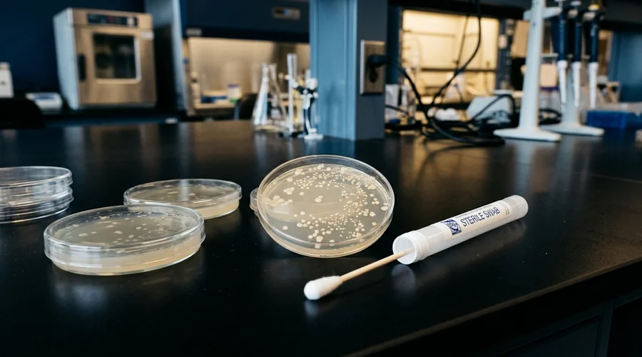 legionella cooling tower comparison infographic — biofilm swab and agar plates on a dark laboratory bench | Global Formulation