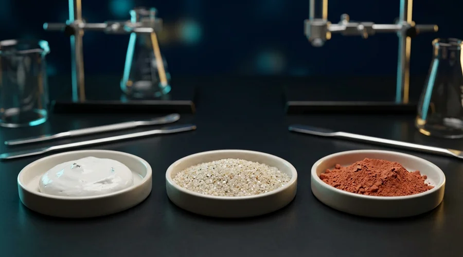 lime mortar render process diagram — lime putty and aggregate samples in dishes on a dark bench | Global Formulation