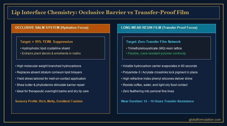 long wear lip formula process diagram — pigmented polymer film drawn down on a test card beside a transfer blot on white fabric | Global Formulation diagram