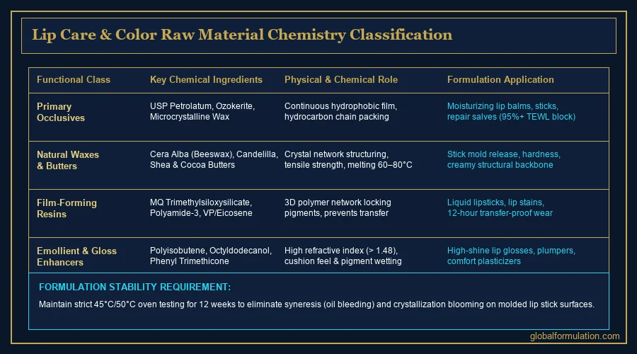 lip care occlusive agents comparison infographic — wax pastilles, petrolatum and plant butter samples weighed on a laboratory bench | Global Formulation infographic