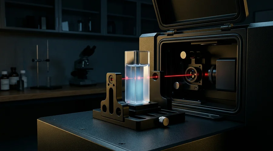 lipid nanoparticle formulation comparison infographic — particle size analyser cuvette holding a clear colloidal sample | Global Formulation