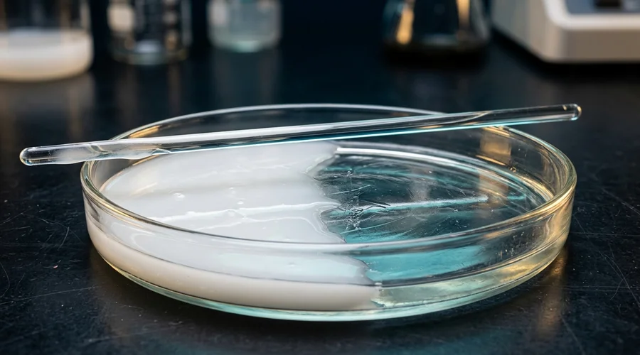 waterborne PU dispersion adhesive process diagram — a milky polyurethane dispersion coalescing into a clear continuous film inside a glass petri dish on a dark laboratory bench | Global Formulation