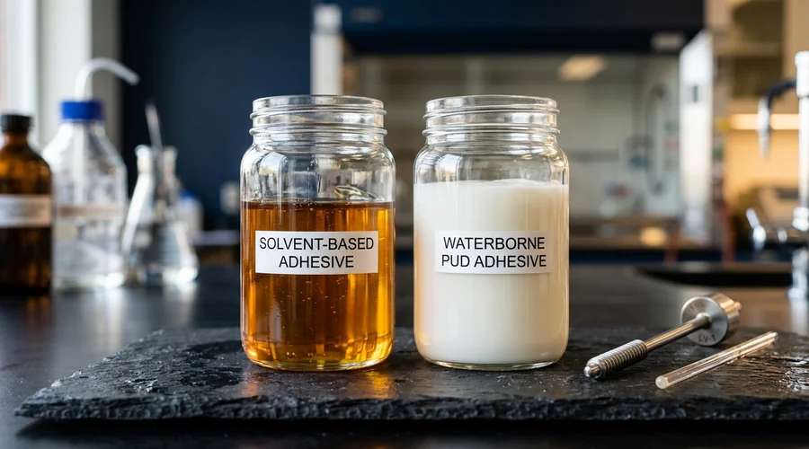VOC compliant adhesive testing laboratory infographic — two glass sample jars side by side, one holding an amber solvent-based adhesive and one holding a milky waterborne dispersion, on a dark bench | Global Formulation