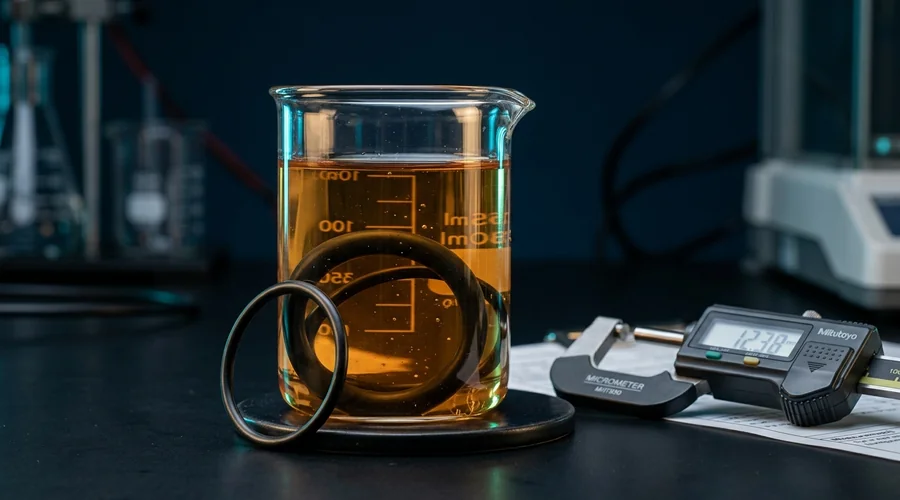 elastomer seal compatibility swell test — black rubber O-ring specimens immersed in oil inside a glass beaker on a dark laboratory bench | Global Formulation