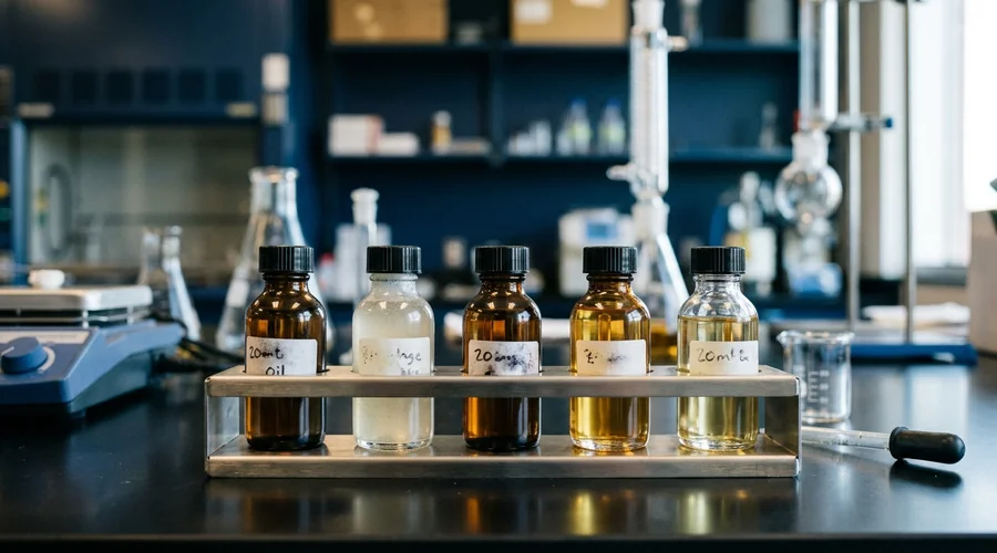 lubricant blend stability laboratory analysis — amber glass sample bottles of oil blends on a laboratory bench, one visibly hazy beside clear samples | Global Formulation