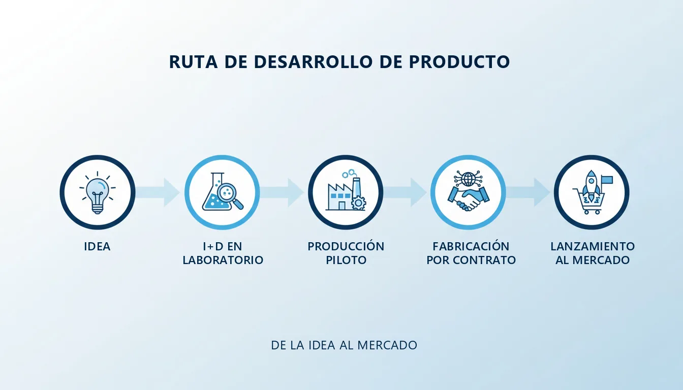Diagrama de cinco etapas del desarrollo de producto: idea, I+D en laboratorio, producción piloto, fabricación por contrato y lanzamiento al mercado
