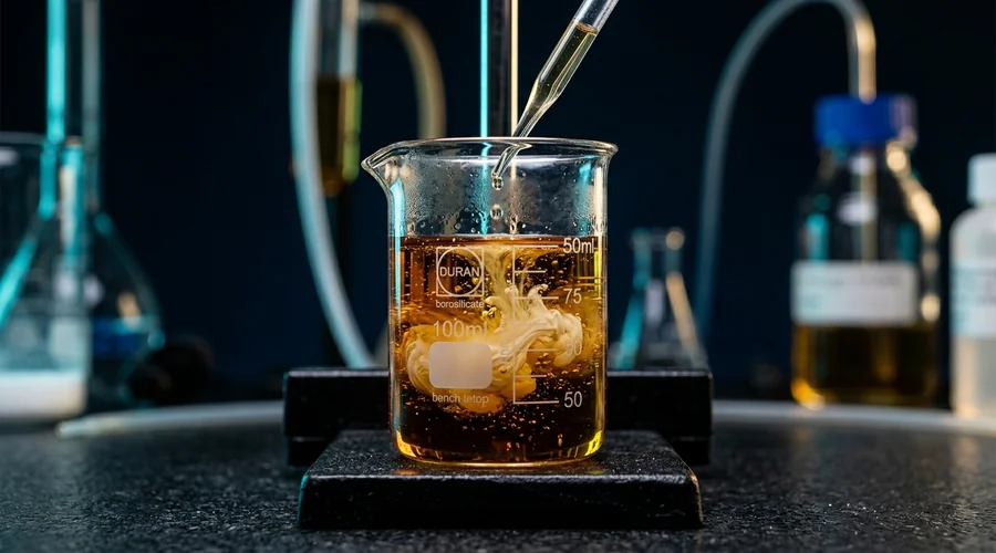 Marine cylinder oil acid neutralization process diagram — acid droplets reacting in additive-rich amber oil in a glass beaker | Global Formulation