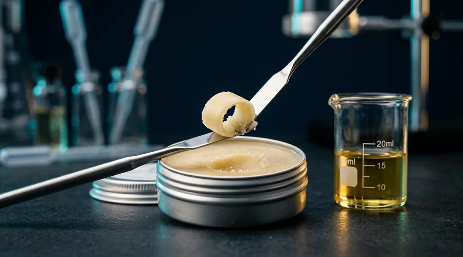 beard balm formulation wax — spatula scooping solid beard balm from a tin on a laboratory bench | Global Formulation