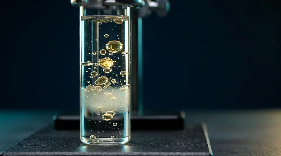 methylated seed oil adjuvant process diagram — oil droplets dispersing through water in a tall glass cylinder | Global Formulation