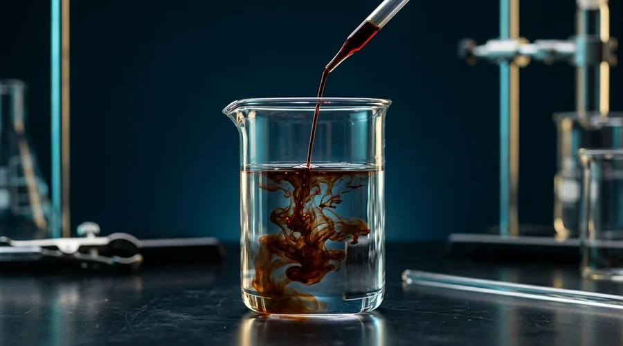 chelated micronutrient fertilizer process diagram — red-brown iron chelate solution being dosed into a beaker | Global Formulation