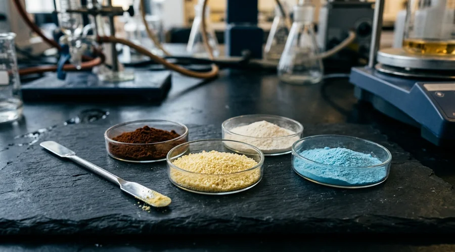 chelated micronutrient fertilizer comparison infographic — crystalline chelate powders of different colours in glass dishes | Global Formulation