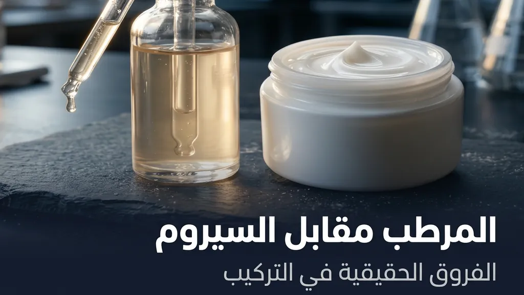 تركيب المرطب مقابل السيروم — زجاجة قطارة زجاجية تحتوي على سيروم رائق بجوار برطمان كريم معتم على طاولة مختبر | Global Formulation