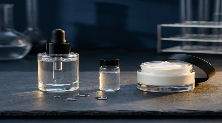 skincare layering routine — serum dropper bottle, cream jar, and moisturiser applicator arranged in application order on a lab bench | Global Formulation