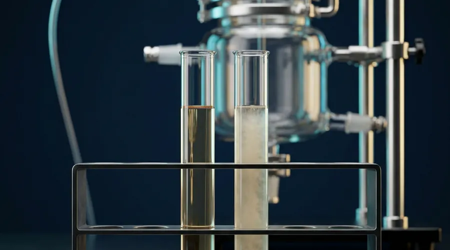 Alkyd alcoholysis process detail — clear and cloudy methanol tolerance test tubes beside a jacketed glass reactor | Global Formulation