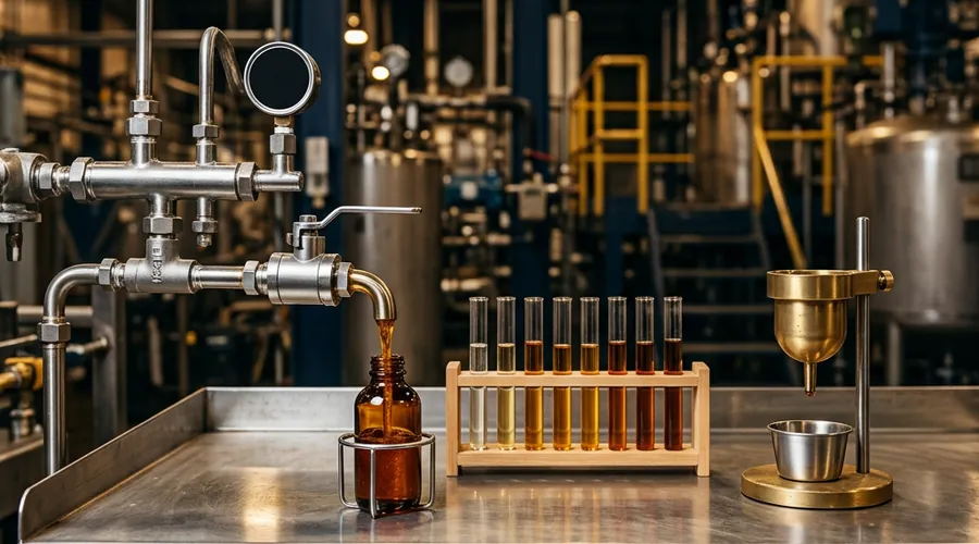 Alkyd route selection production scene — resin plant sampling bay with Gardner colour tubes and viscosity flow cup | Global Formulation
