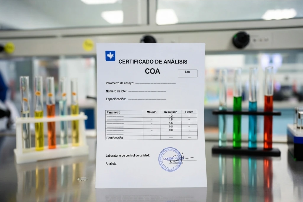 Certificado de análisis de ejemplo con título, tabla de parámetros y sello azul, entre dos soportes con tubos de ensayo de colores