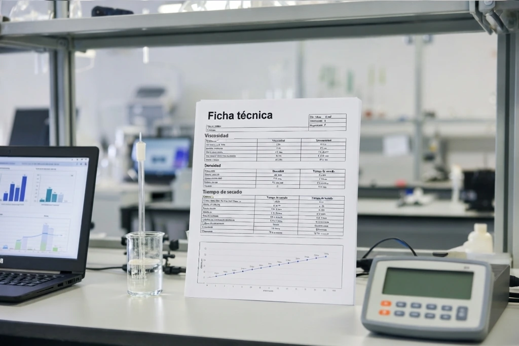 Ficha técnica de ejemplo con tablas de viscosidad, densidad y tiempo de secado y un gráfico, junto a una computadora portátil y un instrumento de medición