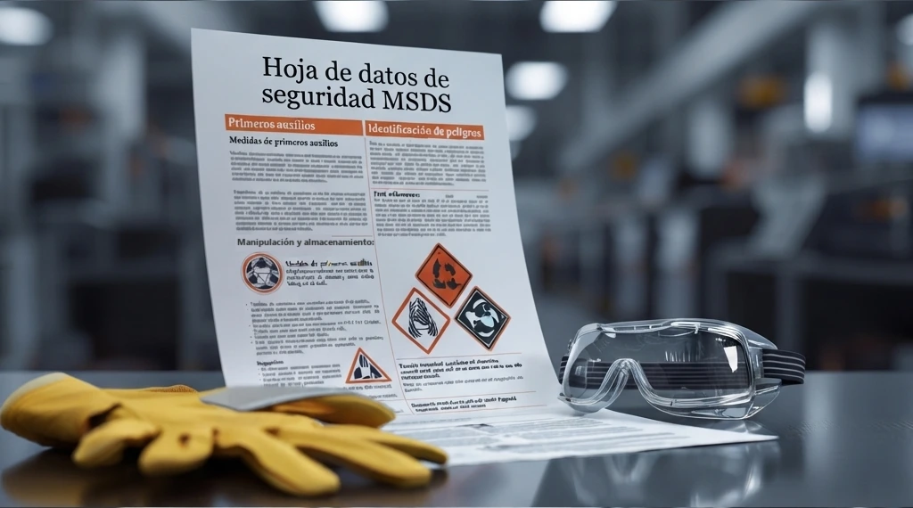 Hoja de datos de seguridad de ejemplo con título, pictogramas de peligro y secciones, junto a un guante amarillo y gafas de protección