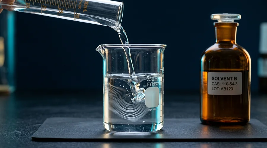 Nail polish remover formulation process diagram — two colourless solvents mixing in a glass beaker beside a graduated cylinder | Global Formulation