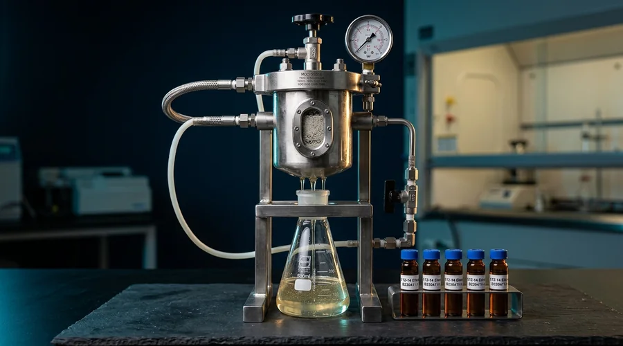 Ethoxylation catalyst process detail — alcohol ethoxylate filtering through a solid catalyst cake beside gas chromatography vials | Global Formulation