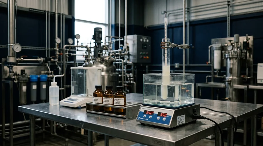 Narrow range ethoxylate production scene — cloud point test in a heated water bath beside ethoxylate sample bottles | Global Formulation