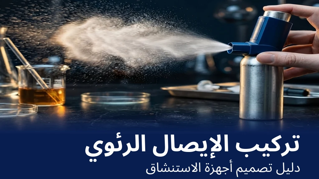 تركيب الإيصال الرئوي للأدوية — جهاز استنشاق ذو جرعة مقنّنة أثناء تشغيله يُظهر سحابة رذاذ دقيقة | Global Formulation