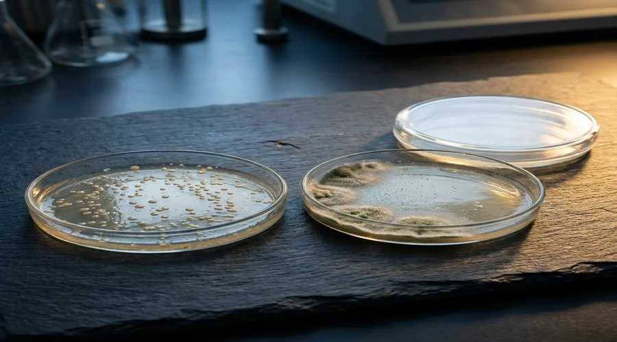 microbial challenge test cosmetic — petri dishes with visible bacterial and mould growth beside a control sample on a lab bench | Global Formulation