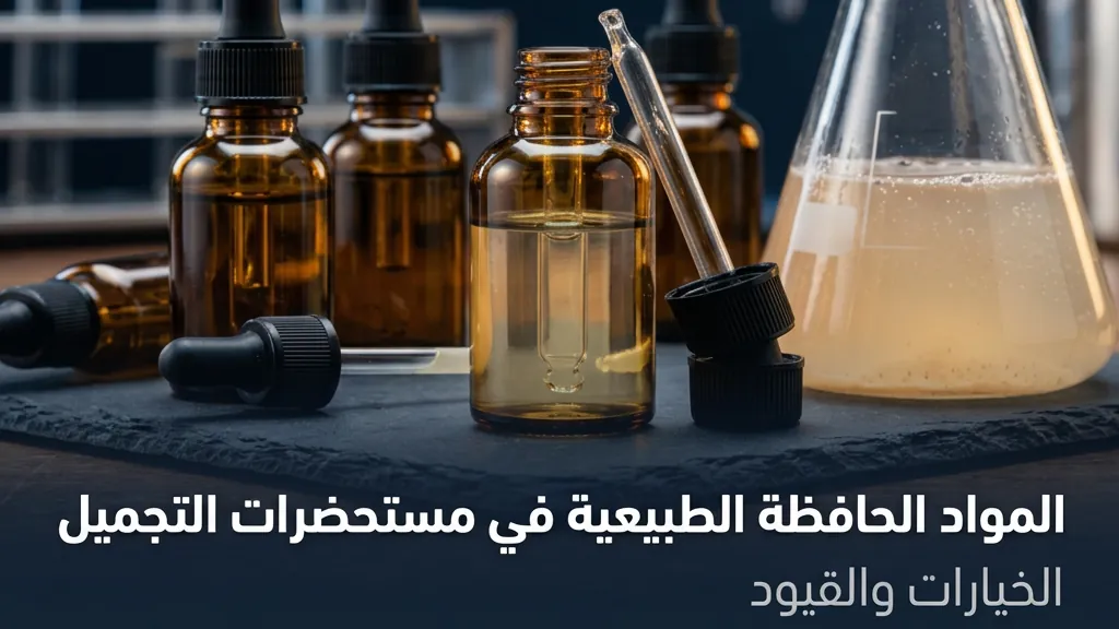 المواد الحافظة الطبيعية في مستحضرات التجميل — زجاجات زجاجية عنبرية لمكوّنات حافظة نباتية المنشأ بجوار دورق تخمير على طاولة مختبر | Global Formulation
