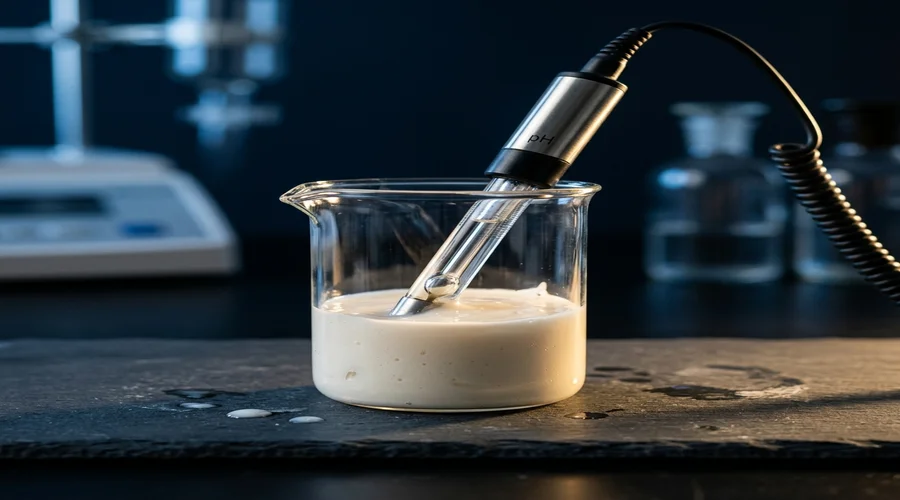 pH testing cosmetic formulation — glass beaker of formulation with a pH meter probe submerged on a laboratory bench | Global Formulation