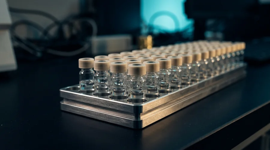nitrosamine impurities process diagram — autosampler tray holding clear analytical vials under dim light | Global Formulation